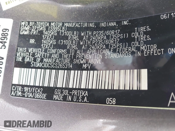 2012 Toyota Sienna LE AAS с VIN 5TDKK3DC5CS265314, выставлен на аукционе IAAI как лот 42270381 с пробегом Не указан миль и . История ставок и продаж доступна на DreamBid. Изображение 9.