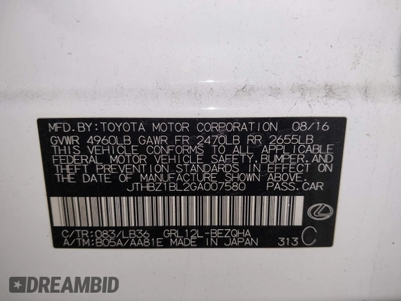 2016 Lexus GS 350 with VIN JTHBZ1BL2GA007580, listed as a IAAI auction lot 42560113 with 93,705 mi miles and . Bid and sale history available at DreamBid. Image 9.