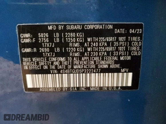 2023 Subaru Outback Wilderness with VIN 4S4BTGUD5P3222477, listed as a Copart auction lot 52590565 with 50,792 mi miles and Salvage title. Bid and sale history available at DreamBid. Image 13.
