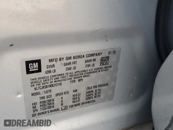 2021 Chevrolet Trax LS с VIN KL7CJKSB1MB312145, выставлен на аукционе Copart как лот 58533905 с пробегом 65 502 миль миль и Списание • Salvage title. История ставок и продаж доступна на DreamBid. Изображение 13.