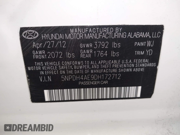 2013 Hyundai Elantra Limited with VIN 5NPDH4AE9DH172712, listed as a IAAI auction lot 42098053 with 191,940 mi miles and . Bid and sale history available at DreamBid. Image 9.