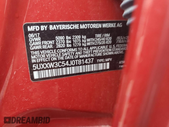 2018 BMW X4 xDrive28i with VIN 5UXXW3C54J0T81437, listed as a Copart auction lot 62272153 with 50,218 mi miles. Bid and sale history available at carsss.com. Image 12.