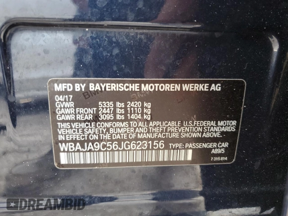 2018 BMW 5 Series 530e with VIN WBAJA9C56JG623156, listed as a Copart auction lot 37451484 with Not provided miles and . Bid and sale history available at DreamBid. Image 12.