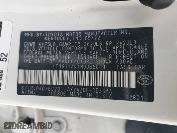 2022 Toyota Camry SE with VIN 4T1G11AK4NU056889, listed as a Copart auction lot 49347665 with 43,110 mi miles and Salvage Title. Bid and sale history available at carsss.com. Image 14.