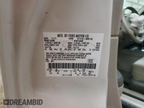 2012 Ford Escape Hybrid z VIN 1FMCU5K37CKB20209, wystawiony jako Copart lot #47182745 z przebiegiem Nie podano mil oraz Szkoda całkowita • Salvage title. Historia ofert i sprzedaży dostępna na DreamBid. Obrazek 14.