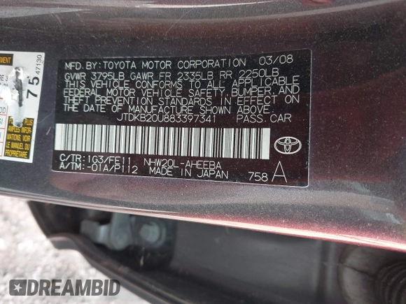 2008 Toyota Prius with VIN JTDKB20U883397341, listed as a IAAI auction lot 42182202 with 164,204 mi miles. Bid and sale history available at carsss.com. Image 9.