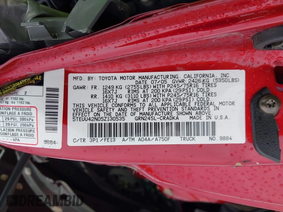 2005 Toyota Tacoma z VIN 5TEUU42N05Z130535, wystawiony jako IAAI lot #42220806 z przebiegiem 141 370 mil mil oraz . Historia ofert i sprzedaży dostępna na DreamBid. Obrazek 9.