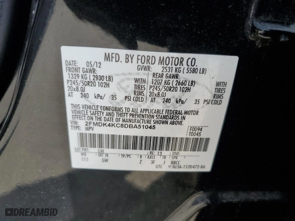 2013 Ford Edge Limited with VIN 2FMDK4KC8DBA51045, listed as a Copart auction lot 54123955 with 265,785 mi miles and Clean Title. Bid and sale history available at carsss.com. Image 13.
