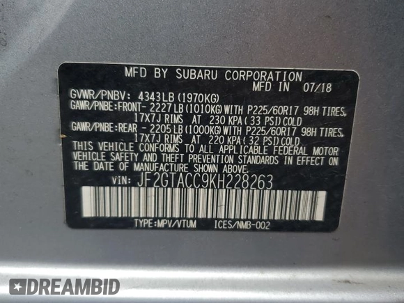 2019 Subaru Crosstrek Premium z VIN JF2GTACC9KH228263, wystawiony jako Copart lot #58004405 z przebiegiem 83 686 mil mil oraz Szkoda całkowita • Salvage title. Historia ofert i sprzedaży dostępna na DreamBid. Obrazek 12.