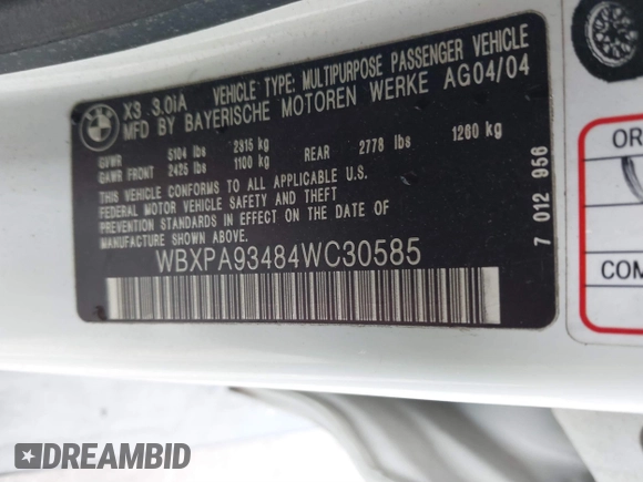 2004 BMW X3 3.0i with VIN WBXPA93484WC30585, listed as a IAAI auction lot 41034823 with 114,676 mi miles. Bid and sale history available at carsss.com. Image 9.