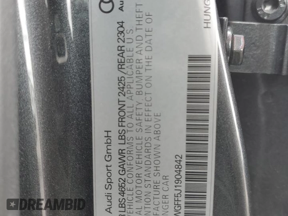 2018 Audi RS 3 z VIN WUABWGFF5J1904842, wystawiony jako Copart lot #51986144 z przebiegiem 48 485 mil mil oraz Szkoda całkowita • Salvage title. Historia ofert i sprzedaży dostępna na DreamBid. Obrazek 13.