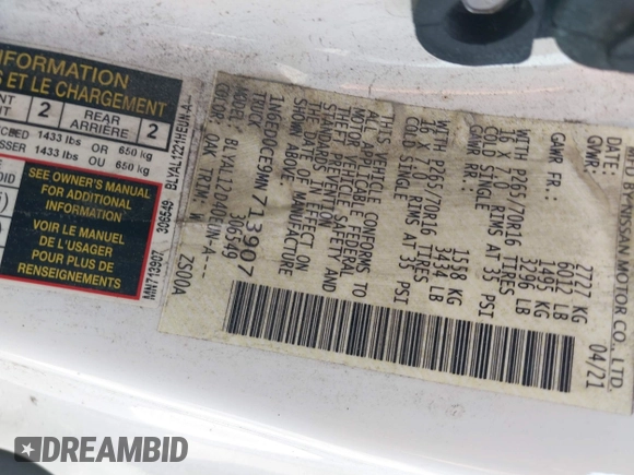 2021 Nissan Frontier S with VIN 1N6ED0CE9MN713907, listed as a IAAI auction lot 42356300 with 114,188 mi miles and . Bid and sale history available at DreamBid. Image 9.