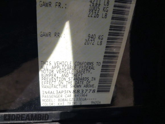 2015 Nissan Altima S with VIN 1N4AL3AP3FN883778, listed as a IAAI auction lot 41712670 with 119,456 mi miles and . Bid and sale history available at DreamBid. Image 9.