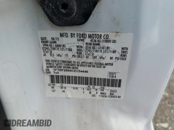 2012 Ford F-250 XL with VIN 1FTBF2B69CEC54446, listed as a Copart auction lot 59689675 with 152,278 mi miles and Non repairable. Bid and sale history available at DreamBid. Image 12.