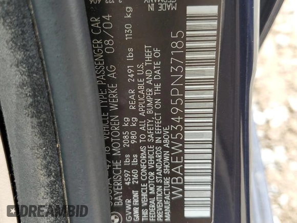 2005 BMW 3 Series 330xi with VIN WBAEW53495PN37185, listed as a Copart auction lot 56757665 with 123,515 mi miles and Salvage title. Bid and sale history available at DreamBid. Image 12.