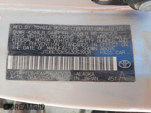 2006 Toyota Camry STD with VIN JTDBE32K563053908, listed as a Copart auction lot 56553965 with Not provided miles and Salvage title. Bid and sale history available at DreamBid. Image 12.