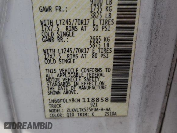 2012 Nissan NV SV z VIN 1N6BF0LY8CN118858, wystawiony jako Copart lot #78417494 z przebiegiem 249 573 mil mil oraz Szkoda całkowita • Salvage title. Historia ofert i sprzedaży dostępna na DreamBid. Obrazek 13.