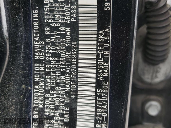 2013 Toyota Camry L with VIN 4T1BF1FK7DU696226, listed as a Copart auction lot 54060475 with 232,591 mi miles and Salvage Title. Bid and sale history available at DreamBid. Image 12.
