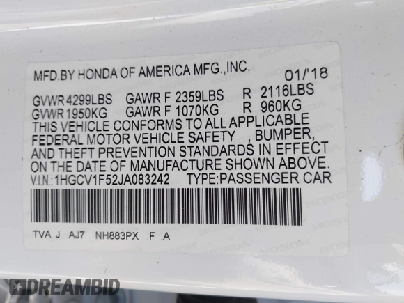 2018 Honda Accord EX-L z VIN 1HGCV1F52JA083242, wystawiony jako IAAI lot #41544446 z przebiegiem 22 387 mil mil oraz . Historia ofert i sprzedaży dostępna na DreamBid. Obrazek 9.