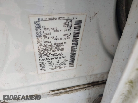 2005 Nissan Titan LE with VIN 1N6AA07B65N506688, listed as a IAAI auction lot 42086502 with 245,661 mi miles and . Bid and sale history available at DreamBid. Image 9.