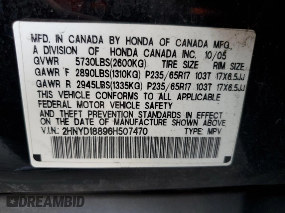 2006 Acura MDX Touring z VIN 2HNYD18896H507470, wystawiony jako Copart lot #53324315 z przebiegiem 184 313 mil mil oraz Szkoda całkowita • Salvage title. Historia ofert i sprzedaży dostępna na DreamBid. Obrazek 12.