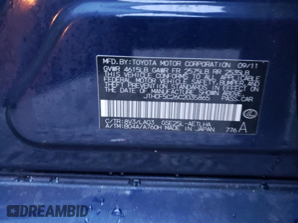2012 Lexus IS 250 with VIN JTHCF5C26C2035865, listed as a Copart auction lot 56249815 with 120,558 mi miles and Salvage title. Bid and sale history available at DreamBid. Image 12.
