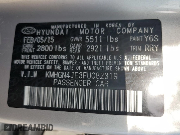 2015 Hyundai Genesis 3.8L with VIN KMHGN4JE3FU082319, listed as a Copart auction lot 66037664 with 70,270 mi miles and Salvage Title. Bid and sale history available at carsss.com. Image 12.