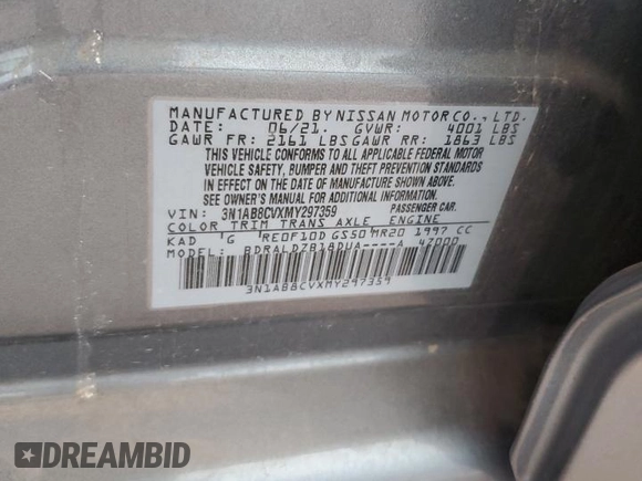 2021 Nissan Sentra SV with VIN 3N1AB8CVXMY297359, listed as a Copart auction lot 62786845 with 62,854 mi miles and Salvage title. Bid and sale history available at DreamBid. Image 13.