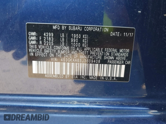 2018 Subaru Impreza with VIN 4S3GKAA65J3609408, listed as a IAAI auction lot 42397821 with Not provided miles and . Bid and sale history available at DreamBid. Image 9.