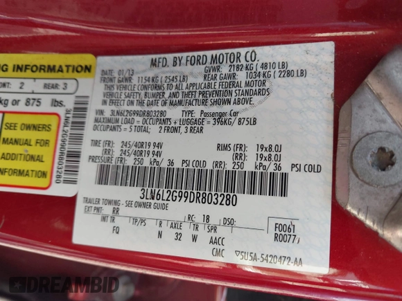 2013 Lincoln MKZ with VIN 3LN6L2G99DR803280, listed as a IAAI auction lot 42343037 with 65,189 mi miles and . Bid and sale history available at DreamBid. Image 9.