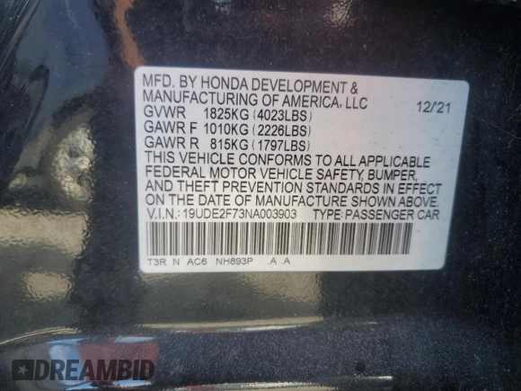 2022 Acura ILX Premium with VIN 19UDE2F73NA003903, listed as a Copart auction lot 80282744 with 34,671 mi miles and Non Repairable. Bid and sale history available at DreamBid. Image 13.
