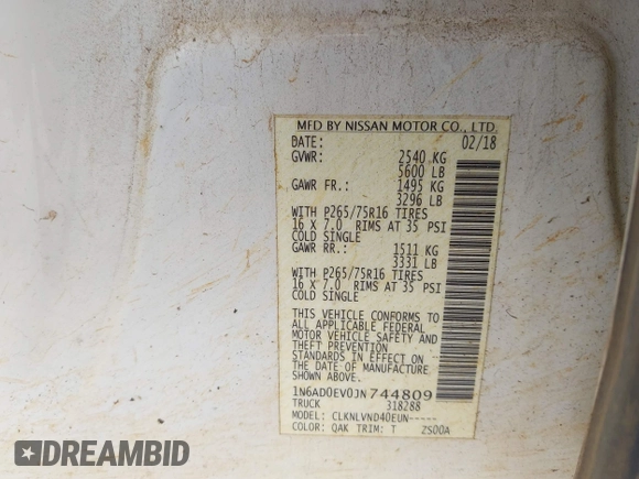 2018 Nissan Frontier SV with VIN 1N6AD0EV0JN744809, listed as a IAAI auction lot 42508839 with 99,049 mi miles and . Bid and sale history available at DreamBid. Image 9.