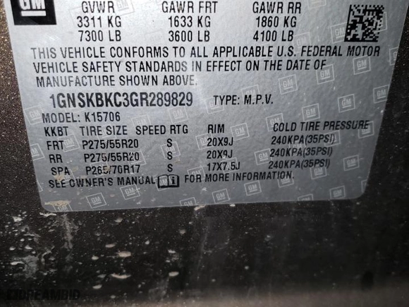 2016 Chevrolet Tahoe LT with VIN 1GNSKBKC3GR289829, listed as a Copart auction lot 49575485 with 100,697 mi miles and Salvage Title. Bid and sale history available at carsss.com. Image 13.