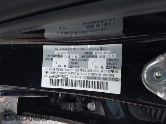 2023 Mazda 3 S Preferred with VIN 3MZBPACM6PM358989, listed as a IAAI auction lot 41120246 with 27,290 mi miles and . Bid and sale history available at DreamBid. Image 9.