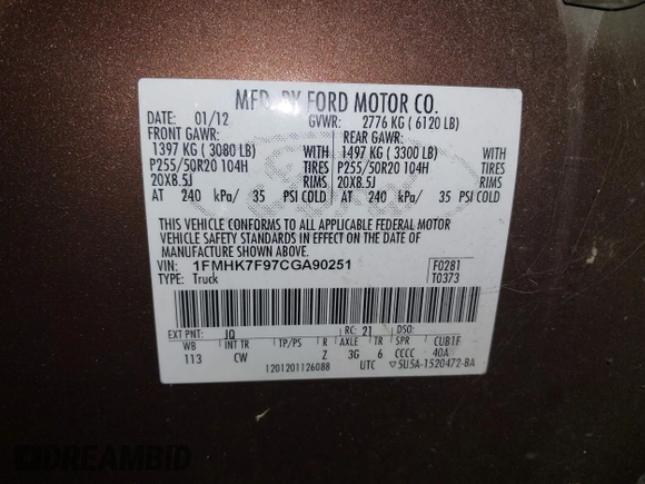 2012 Ford Explorer Limited with VIN 1FMHK7F97CGA90251, listed as a IAAI auction lot 42093006 with 211,743 mi miles and . Bid and sale history available at carsss.com. Image 9.