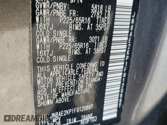 2015 Nissan Quest SV with VIN JN8AE2KP1F9120667, listed as a Copart auction lot 48436865 with 131,819 mi miles and Salvage Title. Bid and sale history available at carsss.com. Image 15.
