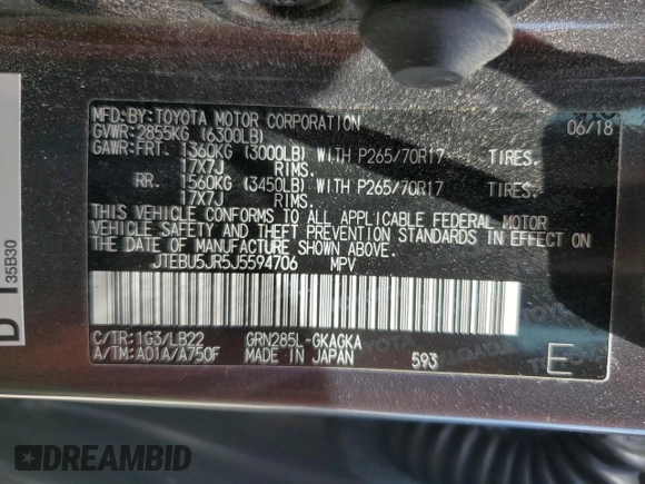 2018 Toyota 4Runner SR5 z VIN JTEBU5JR5J5594706, wystawiony jako Copart lot #62806365 z przebiegiem 103 428 mil mil oraz Szkoda całkowita • Salvage title. Historia ofert i sprzedaży dostępna na DreamBid. Obrazek 14.