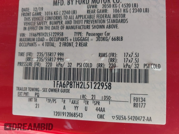 2020 Ford Mustang EcoBoost z VIN 1FA6P8TH2L5122958, wystawiony jako IAAI lot #42151031 z przebiegiem 47 793 mil mil oraz . Historia ofert i sprzedaży dostępna na DreamBid. Obrazek 9.