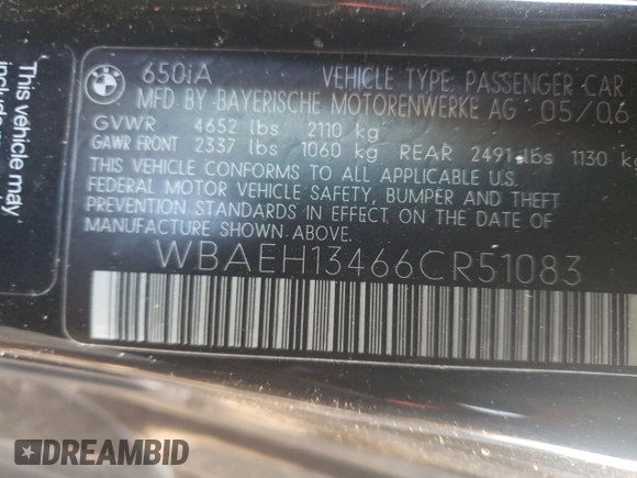 2006 BMW 6 Series 650Ci with VIN WBAEH13466CR51083, listed as a Copart auction lot 88897625 with 138,958 mi miles and Salvage Title. Bid and sale history available at carsss.com. Image 12.