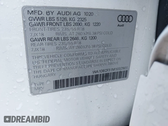 2021 Audi Q3 S line Premium with VIN WA1DECF31M1037901, listed as a IAAI auction lot 42158457 with 25,925 mi miles and . Bid and sale history available at DreamBid. Image 9.