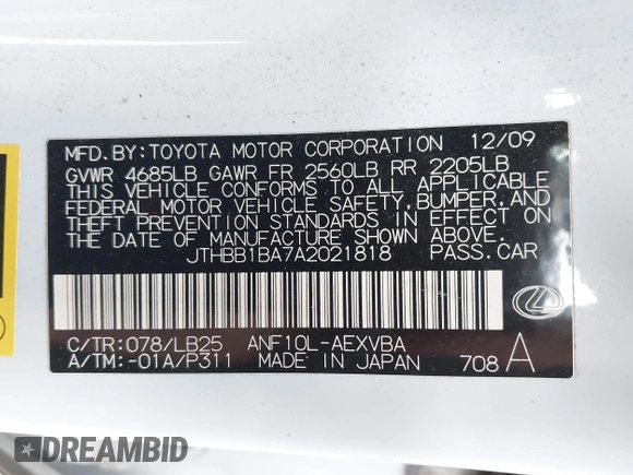 2010 Lexus HS 250h with VIN JTHBB1BA7A2021818, listed as a IAAI auction lot 41380976 with 135,317 mi miles and . Bid and sale history available at DreamBid. Image 9.