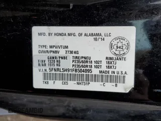 2015 Honda Odyssey Touring Elite with VIN 5FNRL5H91FB504095, listed as a Copart auction lot 53868125 with 176,272 mi miles and Salvage Title. Bid and sale history available at DreamBid. Image 13.