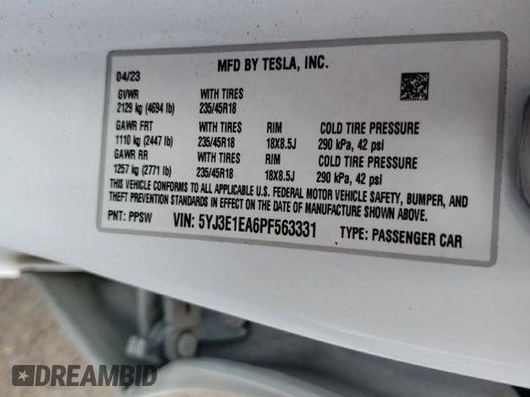 2023 Tesla Model 3 with VIN 5YJ3E1EA6PF563331, listed as a Copart auction lot 61124715 with 26,198 mi miles and Salvage title. Bid and sale history available at DreamBid. Image 12.