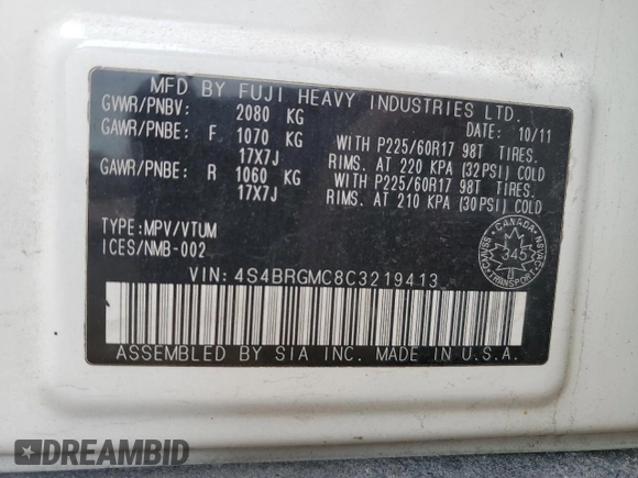2012 Subaru Outback with VIN 4S4BRGMC8C3219413, listed as a Copart auction lot 49006445 with Not provided miles and Clean title. Bid and sale history available at DreamBid. Image 13.