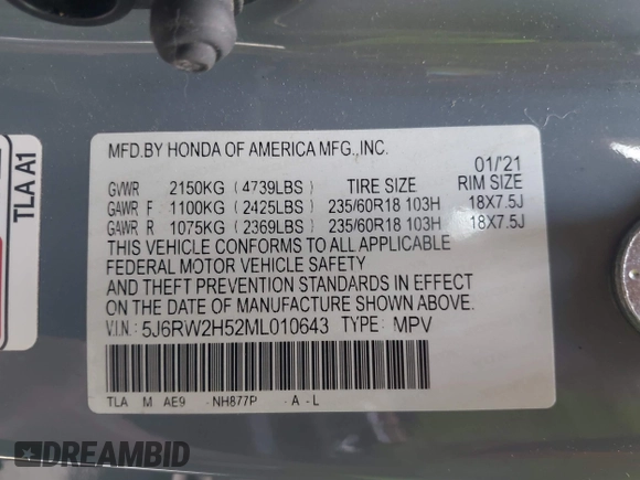 2021 Honda CR-V EX with VIN 5J6RW2H52ML010643, listed as a IAAI auction lot 42278271 with 94,525 mi miles and . Bid and sale history available at DreamBid. Image 9.
