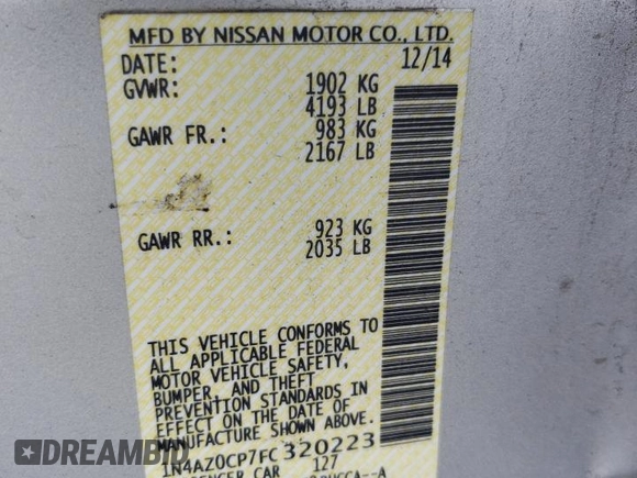 2015 Nissan LEAF S with VIN 1N4AZ0CP7FC320223, listed as a Copart auction lot 61234915 with 79,514 mi miles and Salvage title. Bid and sale history available at DreamBid. Image 13.