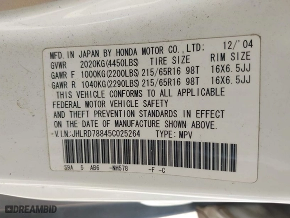 2005 Honda CR-V EX with VIN JHLRD78845C025264, listed as a IAAI auction lot 41752341 with 196,753 mi miles. Bid and sale history available at carsss.com. Image 9.