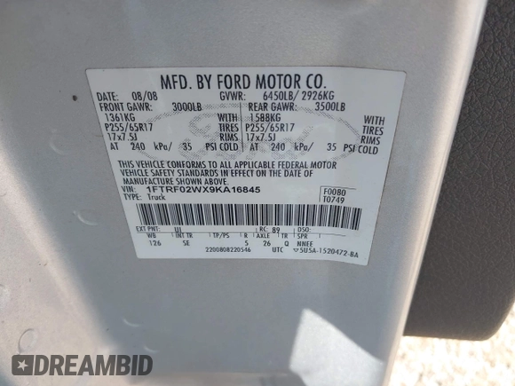 2009 Ford F-150 STX with VIN 1FTRF02WX9KA16845, listed as a IAAI auction lot 42474360 with 180,947 mi miles and . Bid and sale history available at DreamBid. Image 9.