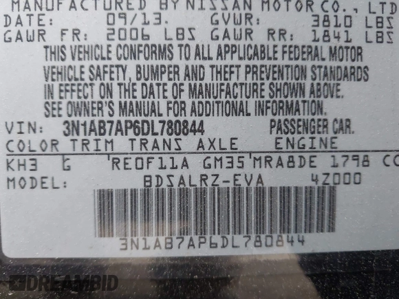 2013 Nissan Sentra S with VIN 3N1AB7AP6DL780844, listed as a IAAI auction lot 42082765 with 139,227 mi miles and . Bid and sale history available at DreamBid. Image 9.