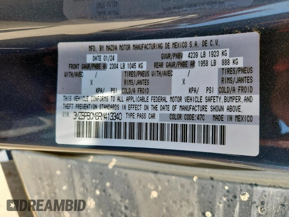 2024 Mazda 3 S Carbon Edition z VIN 3MZBPBCM8RM413340, wystawiony jako Copart lot #61095745 z przebiegiem 21 870 mil mil oraz Szkoda całkowita • Salvage title. Historia ofert i sprzedaży dostępna na DreamBid. Obrazek 12.